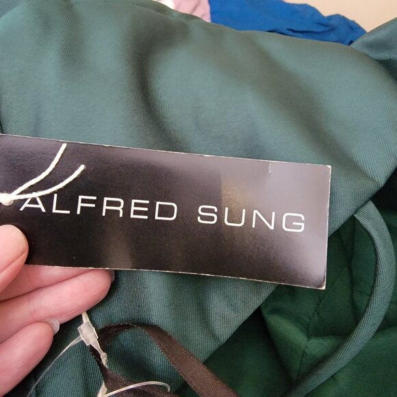 Alfred Sung Hunter Green V Neck Full Skirt Satin Maxi, D750, Size 18, $160 - Picture 4 of 7